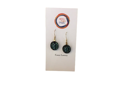 Green/sparkly round dichroic fused glass earrings