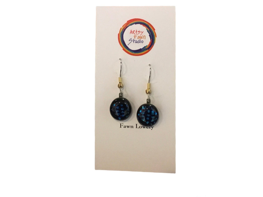 Blue sparkly round  dichroic fused glass earrings