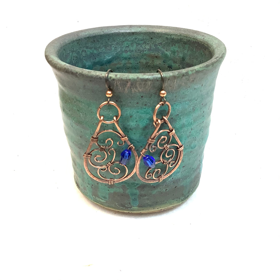 Intricate Teardrop with blue gem Copper Earrings
