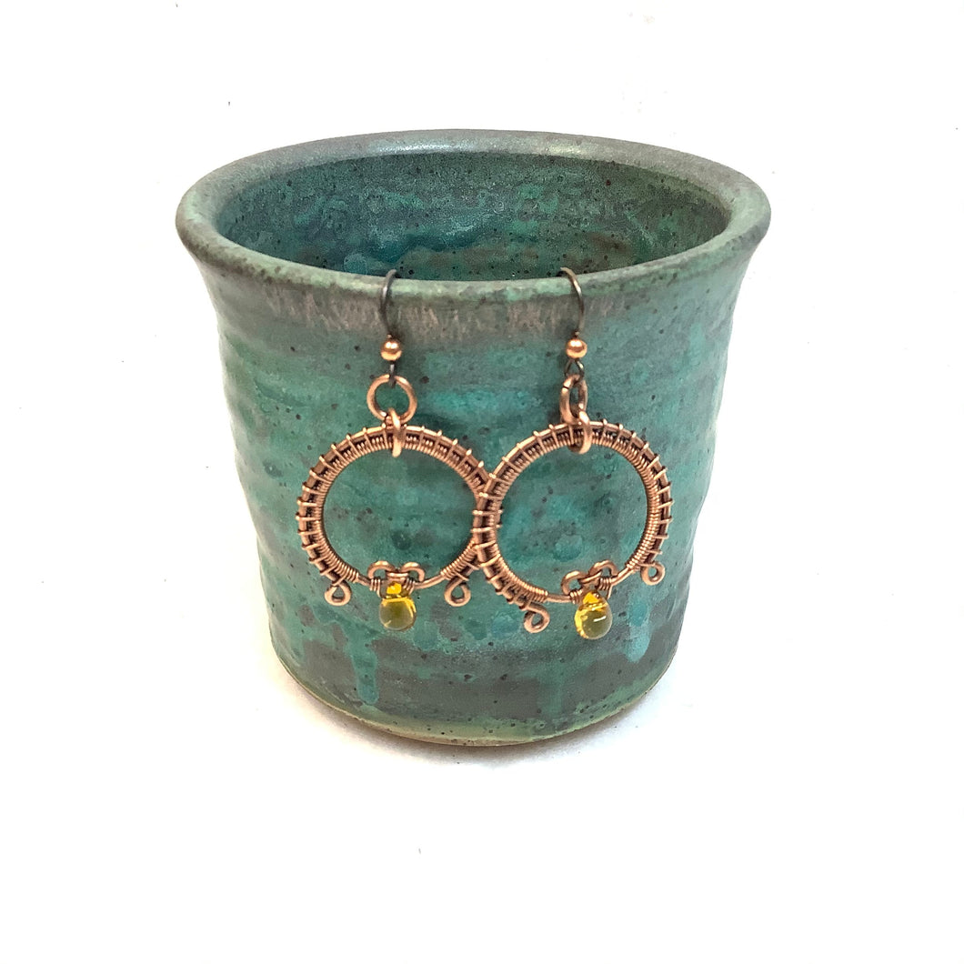 Intricate hoop with amber bead Copper Earrings