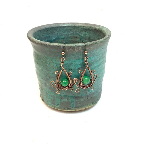 Intricate Teardrop with green bead Copper Earrings