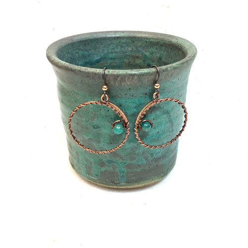 Hoop with green bead Copper Earrings