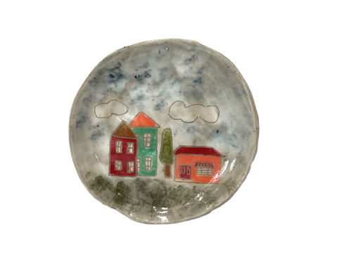 Colorful Building Dish, Scraffito