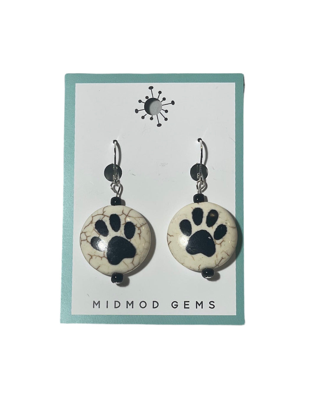 Large Black and White Paw Bead Drop Earrings