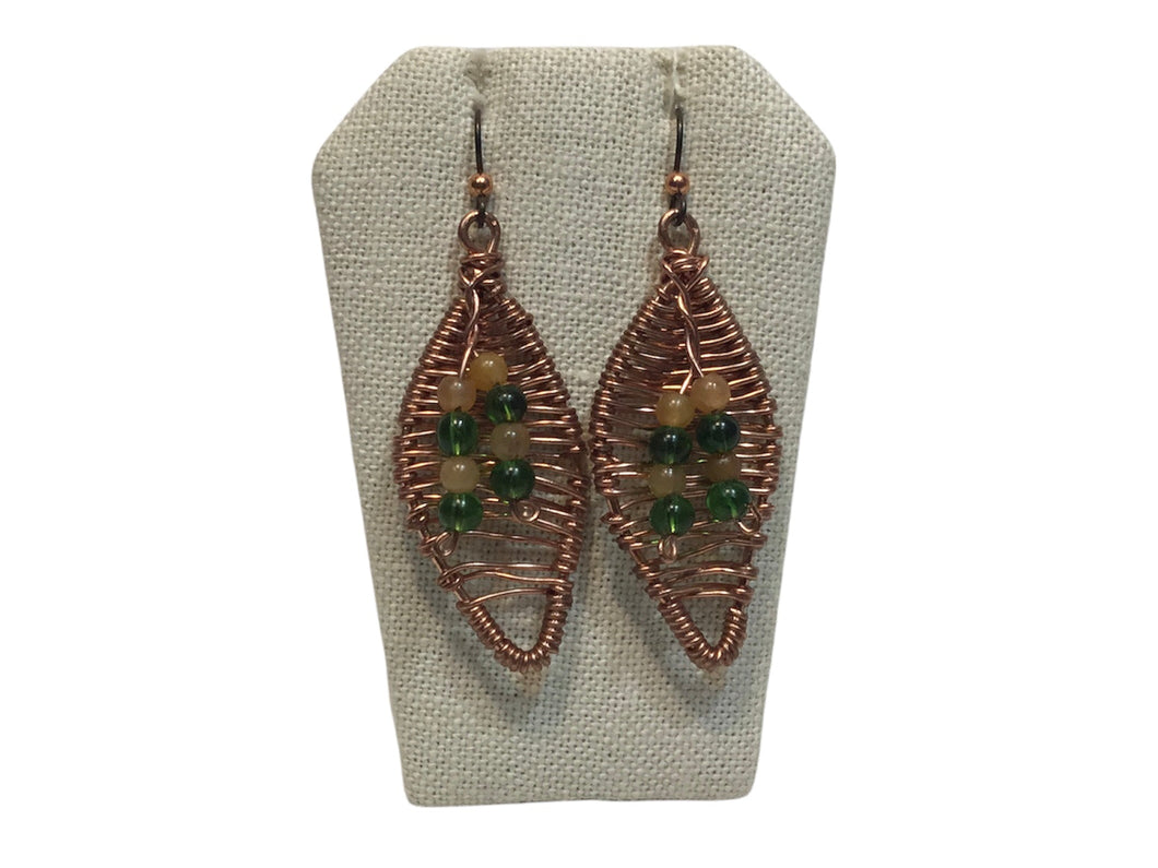 Orange / Green Beads Leaf Earrings