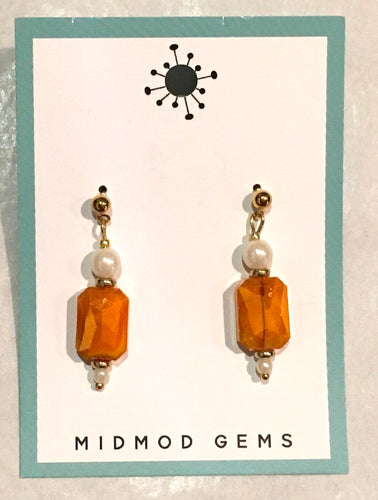 Orange/Pearl Rectangle Earrings