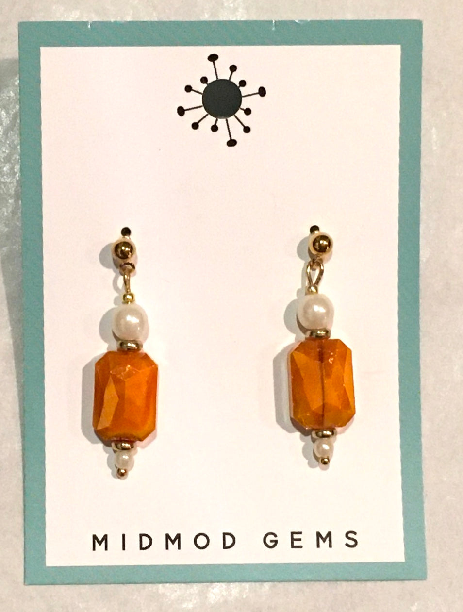 Orange/Pearl Rectangle Earrings