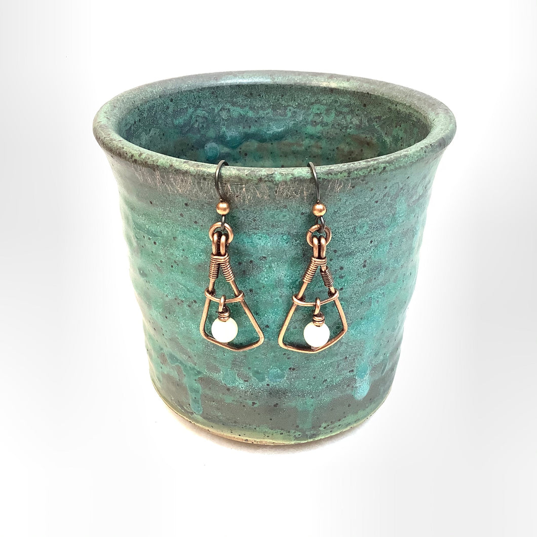 Angular teardrop with white bead Copper Earrings
