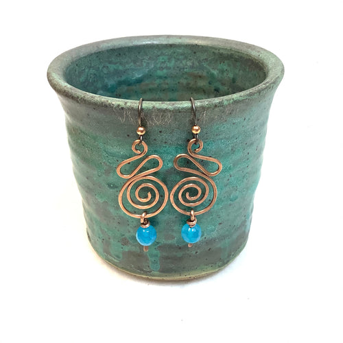 Curl Spiral with light blue bead Copper Earrings