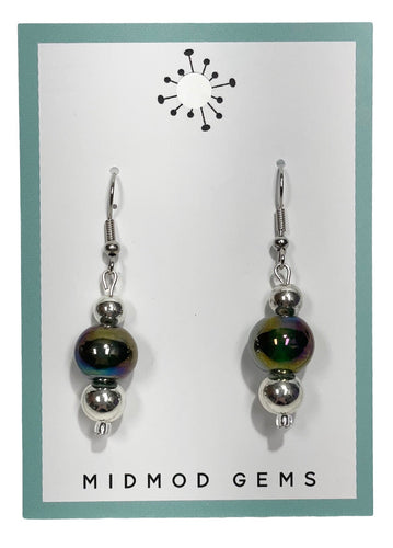 Green Silver Beaded Drop Earrings