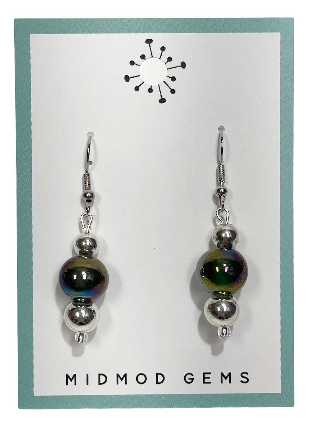 Green Silver Beaded Drop Earrings