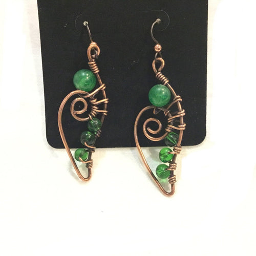 Leaf with Green bead Copper Earrings