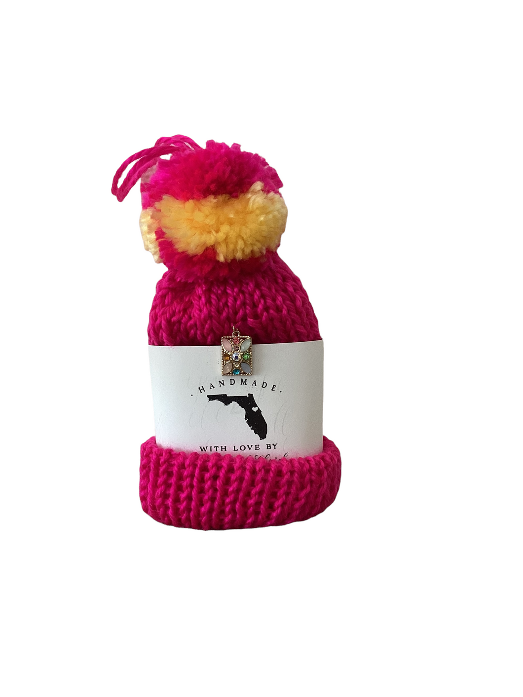 Fushsia and Yellow Wine Hat with Pastel Retangle Rhinestone Charms