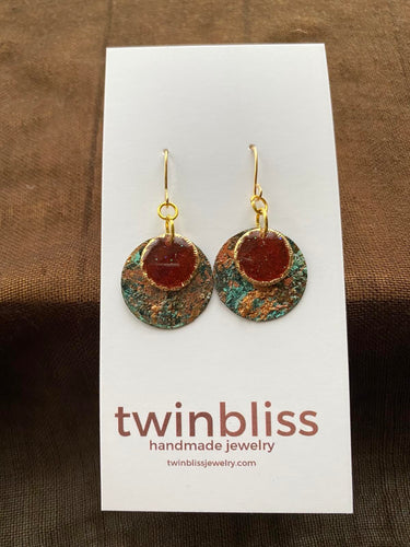 Earth & Sky Earrings - Red Gold Textured Circle Patina Effect