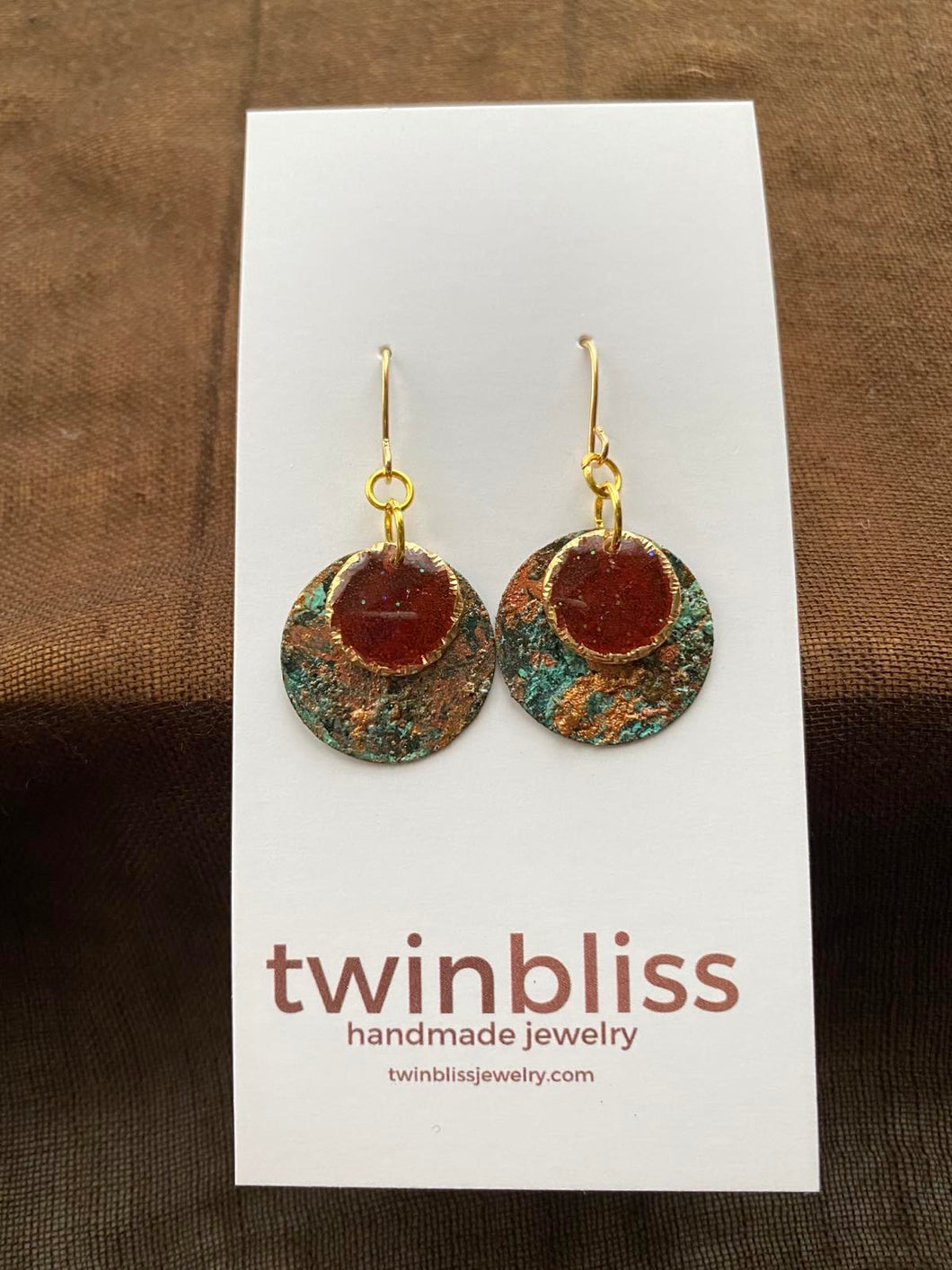 Earth & Sky Earrings - Red Gold Textured Circle Patina Effect