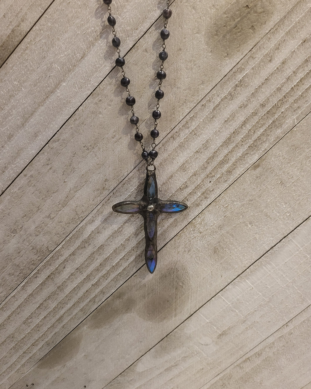 Crystal Cross w/ AB finish and pearl chain
